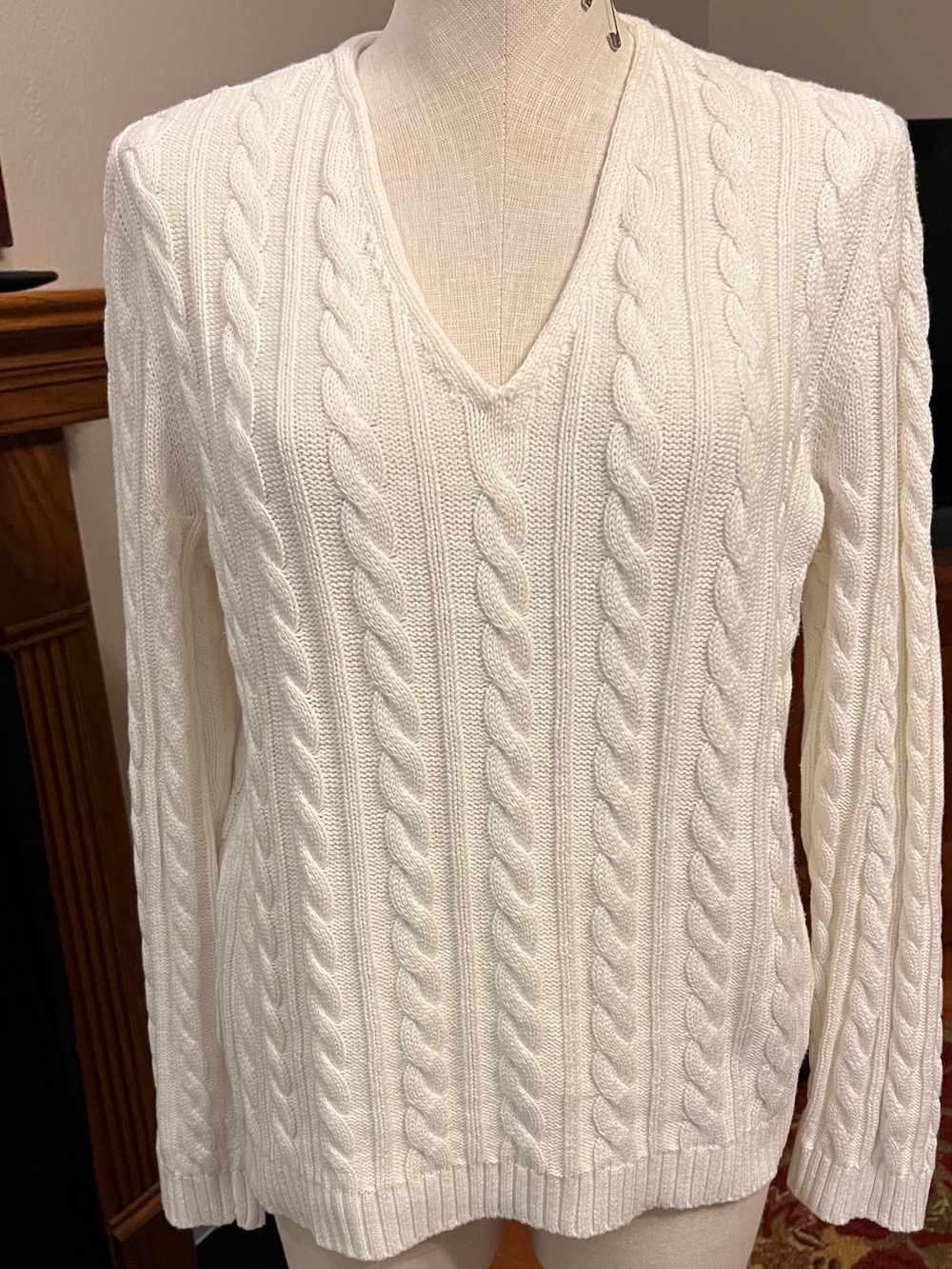 Ralph Lauren White Cable-Knit V-Neck Sweater
